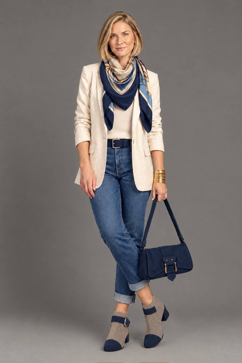 Women's navy blue and sand front-buckle ankle boots with round toe and low flared heel - Top view